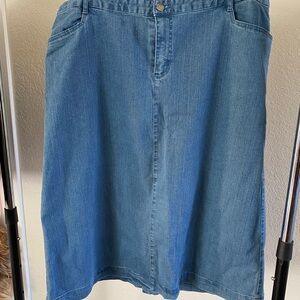 CJ Banks, Mid-Calf Length Jean Skirt - Women’s Plus Size (20)- Metal Snap Split.